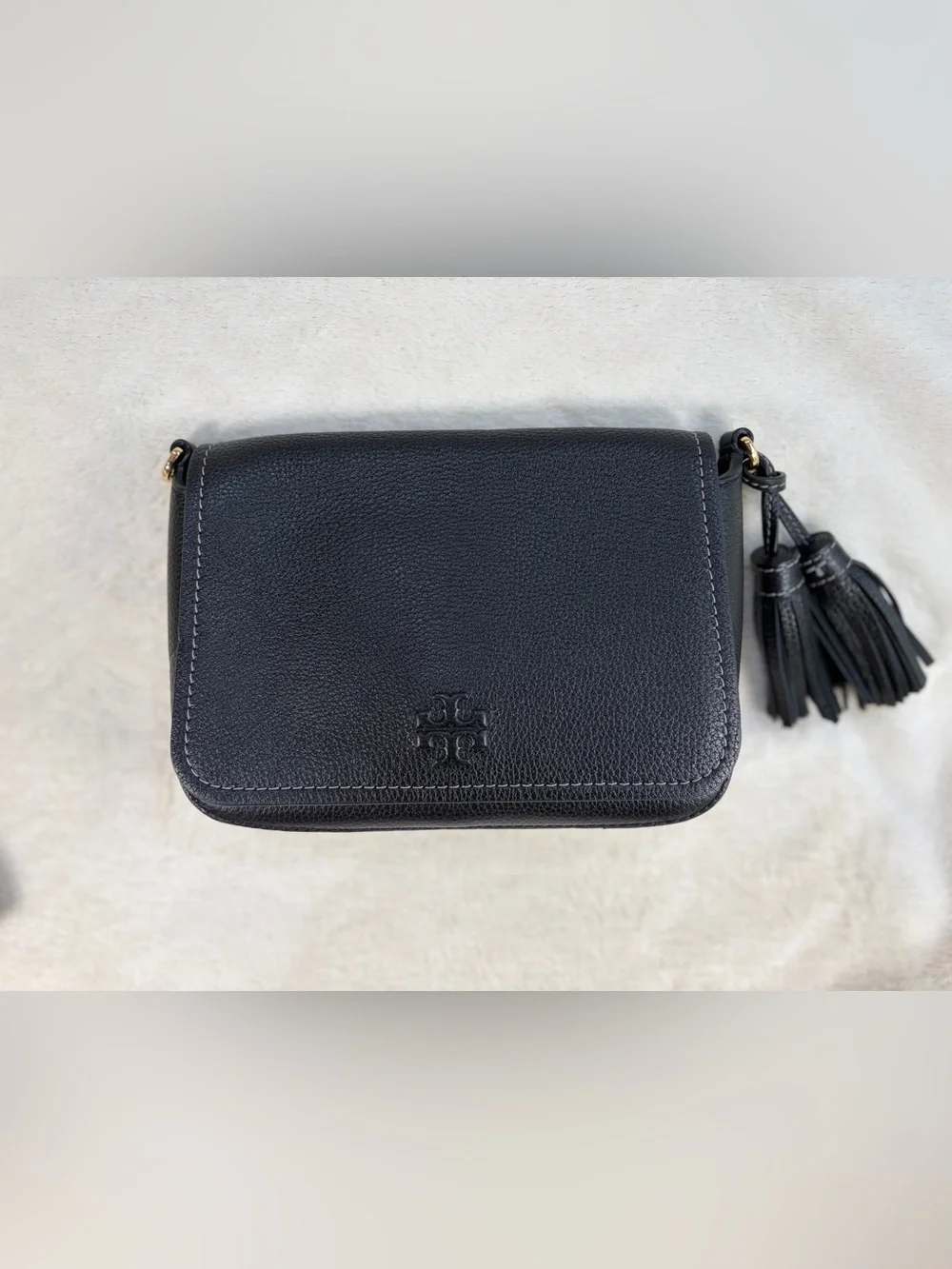 Tory Burch Thea Flap Black Pebbled Leather‎ Crossbody with Tassel and Wide Strap